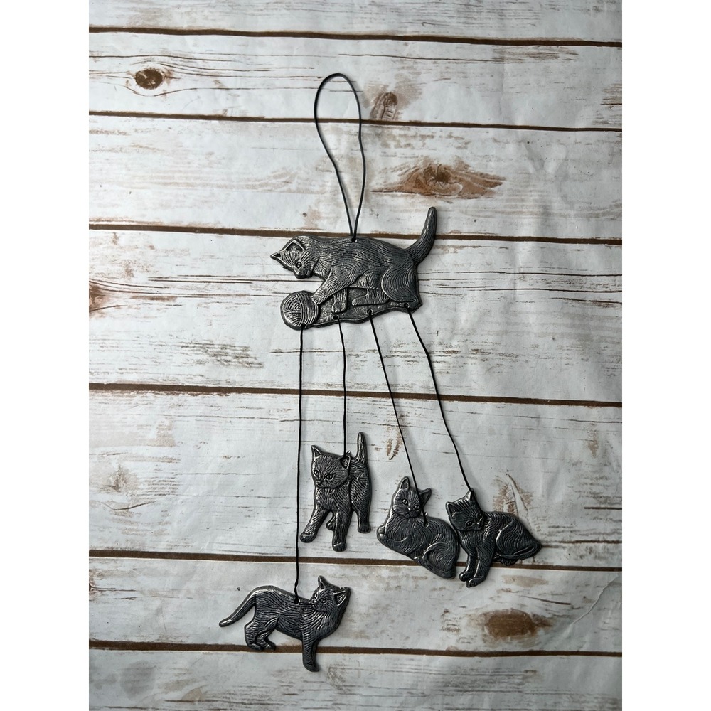 Vintage Cat Mobile Silver  Metal Kitten Hanging Decor OS